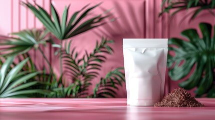 White stand-up pouch mockup on a pink table with leaves and a pile of brown powder.