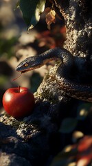 Naklejka premium A snake hides in the apple tree near red apples.