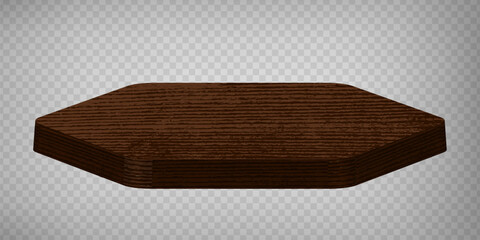Wood table perspective view, wooden surface of desk, top made of dark brown timber board isolated on transparent background. Hexagonal Tabletop interior design element, Realistic 3d vector illustratio