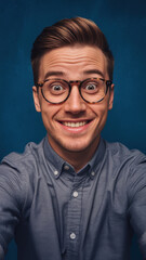Fototapeta premium A cheerful young Caucasian man with glasses smiles broadly at the camera against a dark blue background.