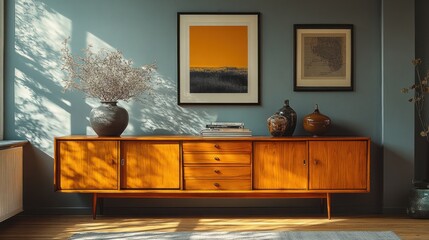 Mid-century modern sideboard with framed artwork and vases in a living room.
