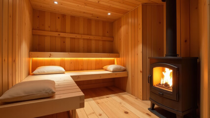 interior of finnish sauna with stove