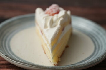 One small Japanese strawberry shortcake on a stylish Japanese plate on a brown wooden deck