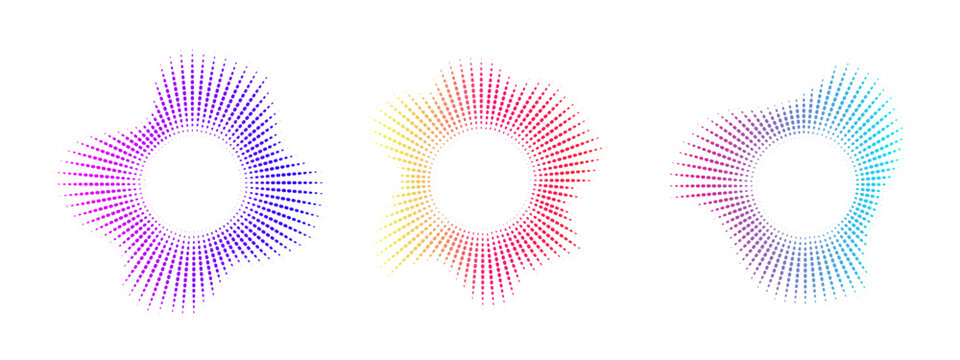 Neon dot equalizer set. Audio multicolor waves. Circular audio waves. Radial curve of sound spectrum . Vector illustration.