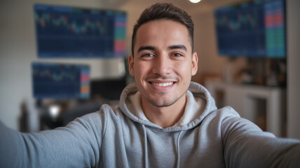 Obraz premium Young Hispanic man in a cozy setting smiles while taking a selfie, with stock market charts displayed on multiple screens in the background.