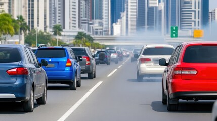 Naklejka premium Urban Highway with Thick Smog and Traffic Congestion