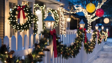 Obraz premium Christmas atmosphere. Decorated street. New Year 2025. Snow. Winter weather