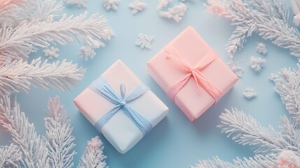 A pastel blue and pink presents on a pastel blue background with white Christmas trenches