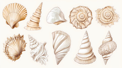 Obraz premium Sea shell, antique botanical drawing style, beige, high detail, realistic. Botanical. Illustration