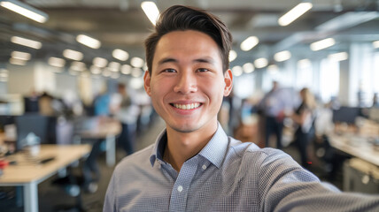 Fototapeta premium Smiling Asian young man in a modern office, capturing a selfie amidst a bustling workspace filled with colleagues in the background.