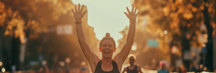 Portrait of Happy Female Runner Participating in a Marathon. Athletic Female Crossing the Finish Line, Celebrating, Raising Hands in the Air
