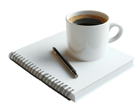 transparent background White ceramic coffee mug with steaming hot coffee on a spiral notebook with black pen. Morning routine, work, study, and writing concepts.