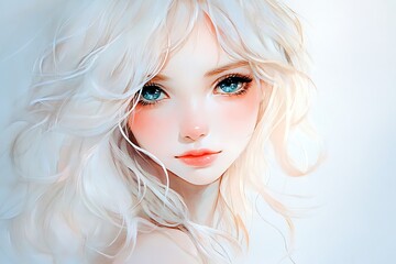 Fototapeta premium Anime girl with white hair and blue eyes, Digital art illustration