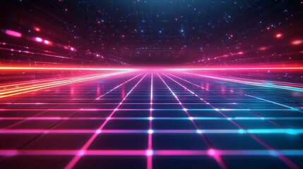  neon grid of glowing lines forms an abstract geometric pattern
