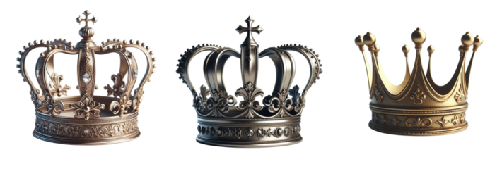 The image depicts three crowns, each with a unique design and level of ornamentation isolated on transparent or white background.