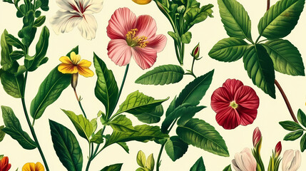 Seamless pattern of vintage botanical illustrations with flowers and leaves. Botanical. Illustration