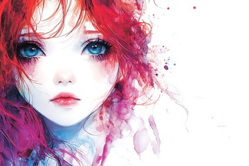 Fototapeta premium Anime girl with red hair and blue eyes watercolor illustration