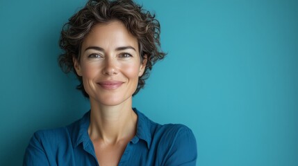 Obraz premium happy woman with short, curly hair wearing a blue shirt, standing in front of a solid-color background
