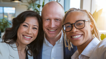 Fototapeta premium Three diverse professionals smiling together, showcasing camaraderie and positivity against a backdrop of lush greenery and natural light.