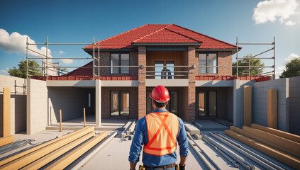 Fototapeta premium Construction Worker in Safety Gear Inspecting Modern Two-Story Residential House Development Project with Building Materials and Scaffolding