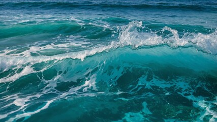 Pure blue turquoise water texture of the ocean sea with foam from and waves