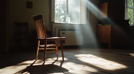 A single wooden chair basks in sunlight streaming through a window, casting long shadows in a serene and quiet room.