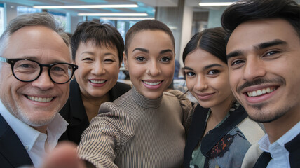 Obraz premium A diverse group of professionals, including three women and two men, pose together with smiles in a bright office setting, showcasing teamwork and collaboration.
