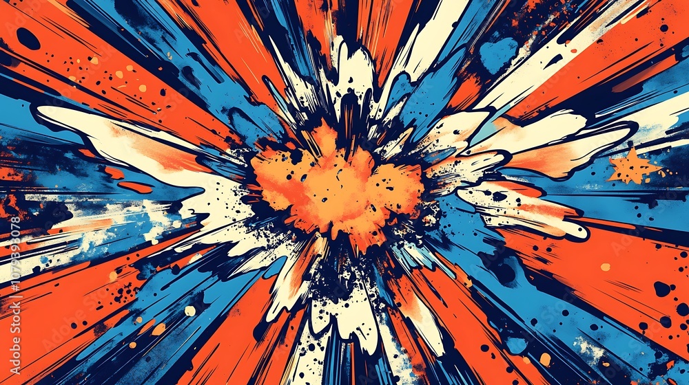 Poster abstract colorful explosion with radial lines and splatter, dynamic graphic design background