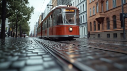 Obraz premium A classic red tram glides smoothly through a cobblestone street in an urban setting, exuding a sense of timeless elegance and European charm.