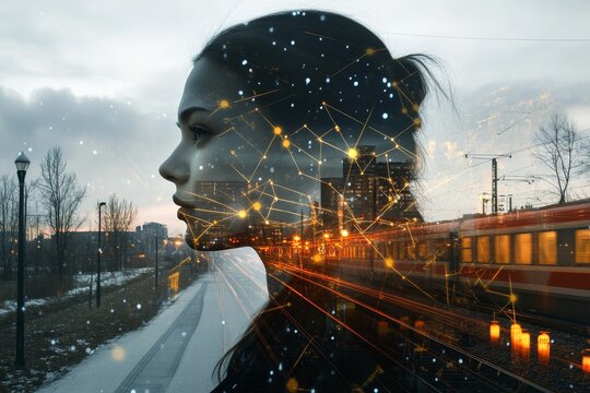 Artistic portrait blends a woman's profile with an urban cityscape and digital elements, symbolizing modernity and connectivity.