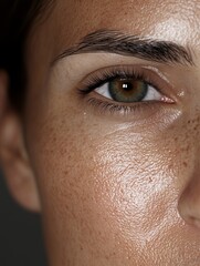 Naklejka premium Detailed close-up focusing on a person's eye, showcasing natural skin texture, freckles, and eyebrow detail.