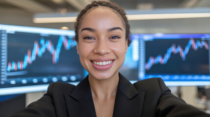 Smiling young woman of mixed ethnicity in a professional setting, capturing a selfie in front of financial charts on monitors.
