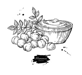 Hummus bowl with chickpeas. Hand drawn vector illustration. Traditional Arabic, Middle East food drawing. 