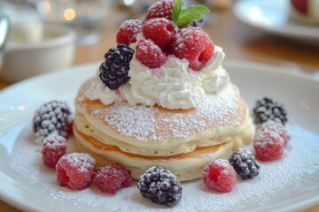Stack of Fluffy Pancakes Topped with Fresh Berries and Whipped Cream