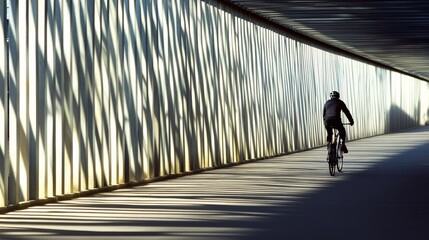 A cyclist glides through a tunnel of light and shadow, creating a rhythmic pattern and a sense of movement and freedom.