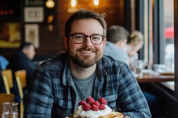 Young man with beard and glasses enjoying breakfast at a cozy cafe, smiling and ready to indulge in pancakes topped with whipped cream and raspberries.