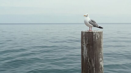 A solitary seagull stands on a weathered post against the vast, tranquil sea, embodying freedom, solitude, and the infinite meeting of sky and water.