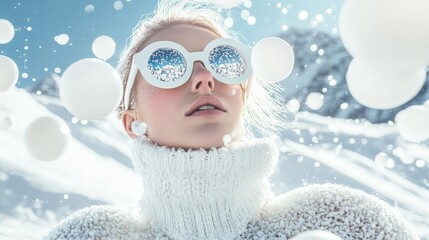 Stylish woman in a snowy landscape wearing sunglasses reflecting snowflakes, capturing the essence of winter fashion and beauty.