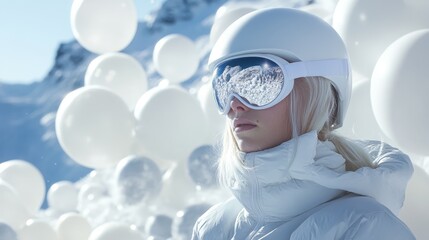 A woman in winter sports gear stands amidst snow and balloons, embodying the thrill of a snowy adventure.