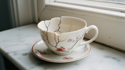 Fototapeta premium A broken teacup with delicate cherry blossoms rests on a windowsill, telling tales of fragility and past beauty.