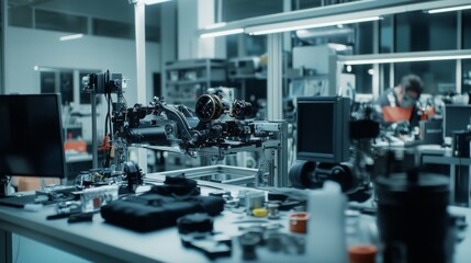 Fototapeta premium A high-tech lab filled with intricate machinery and a focused engineer surrounded by circuit boards and screens.