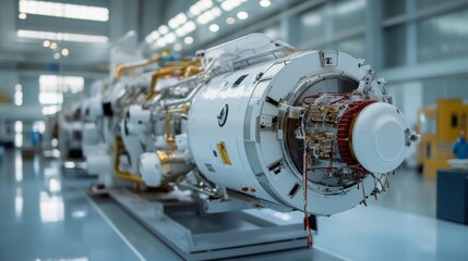 A large, intricate machine resides in a spacious, modern facility, symbolizing cutting-edge technology and engineering marvels of aerospace innovation.