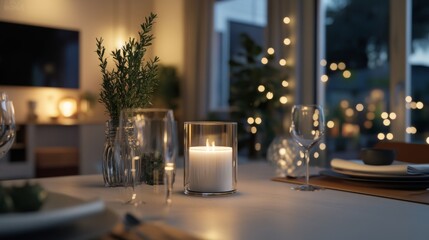 A beautifully set dining table adorned with a glowing candle and subtle festive decorations, creating a warm inviting atmosphere perfect for gathering.