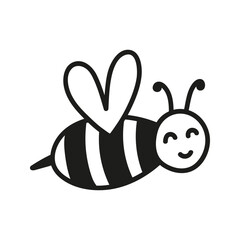 Hand drawn funny bee character with heart shape wings. Nature insects doodle illustration