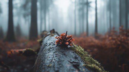 A lone red mushroom crowns a fallen log in a misty forest, embodying the intrigue of hidden woodland wonders.