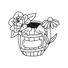 Wooden barrel with dripping honey and flowers arrangement. Hand drawn doodle illustration.