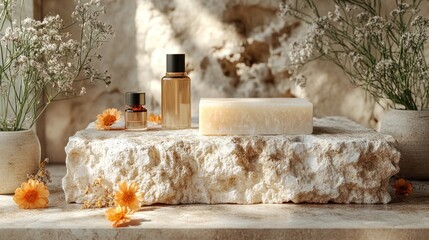 Natural beauty products on a stone podium with flowers.