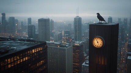 In a moody cityscape at dusk, a solitary bird perches atop a clock tower, overlooking the urban skyline under a hazy, atmospheric sky.