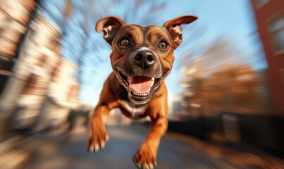 Energetic dog leaping towards the camera on sunny day. Generative AI image