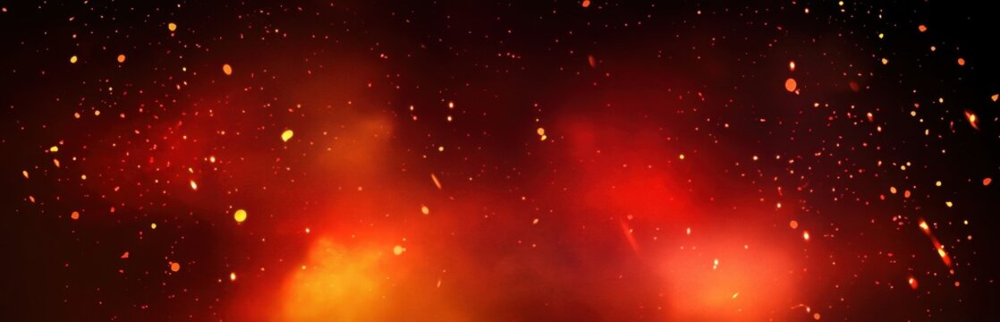 Fire sparks floating upward on dark background. Glowing orange embers with bright red streaks. Hot backdrop with burning particles and smoke elements with light effect. Realistic vector flame bg